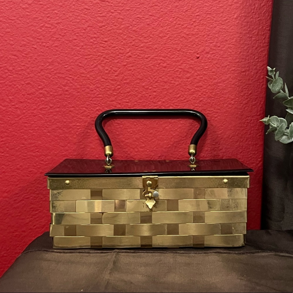 Vintage 1950s Dorset Rex Black Lucite and Brass Woven Metal Purse